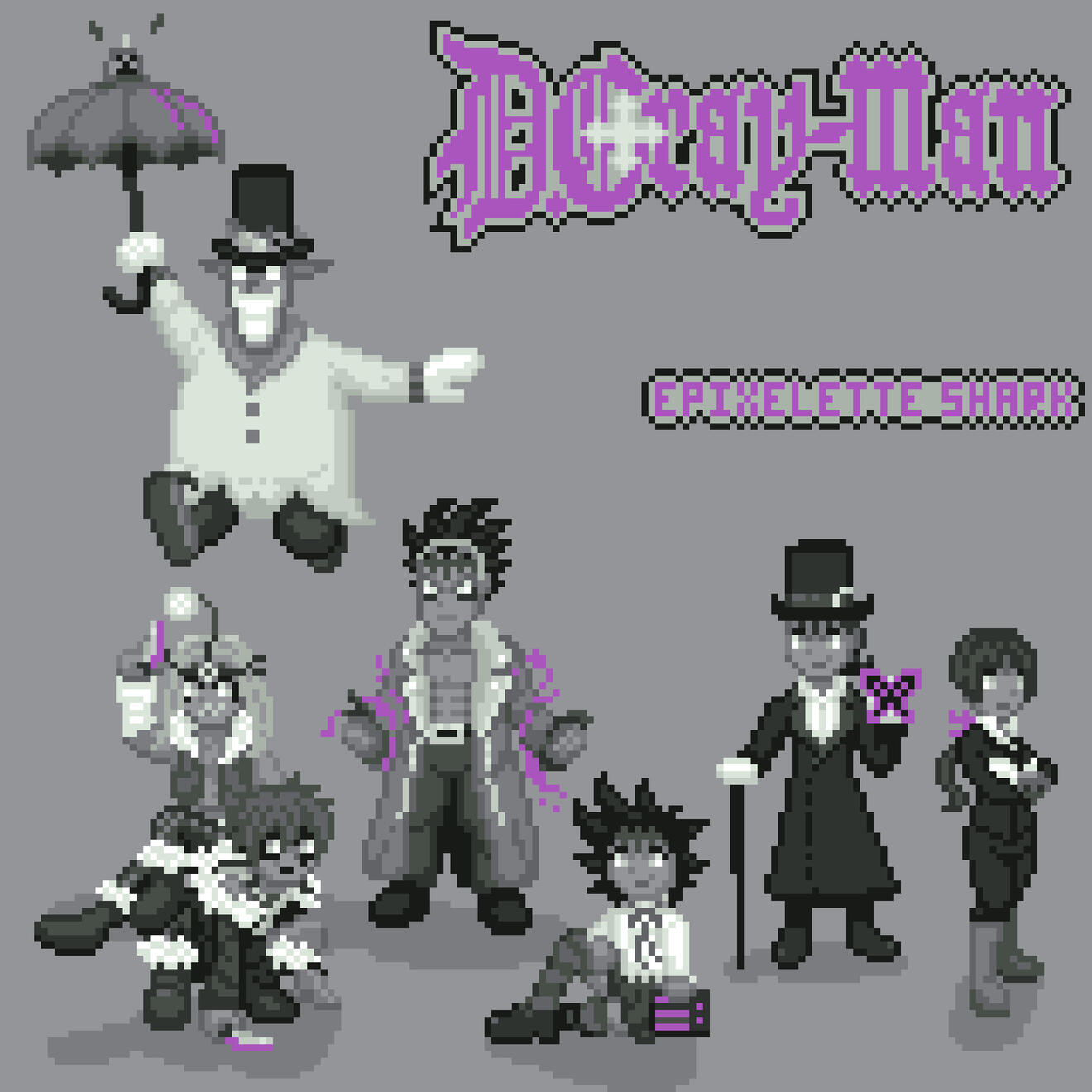 Pixel art sprites of D Gray Man characters: The Millenium Earl, Jasdevi, Skinn, Road, Tyki, and Lulu Bell