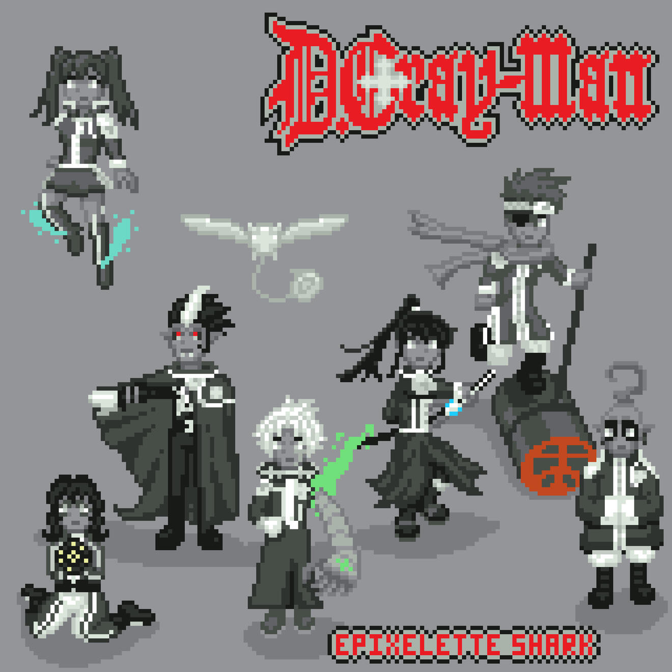 Pixel art sprites of D Gray Man characters: Lena Lee, Allen, Krory, Miranda, Kanda, Lavi, and Bookman.