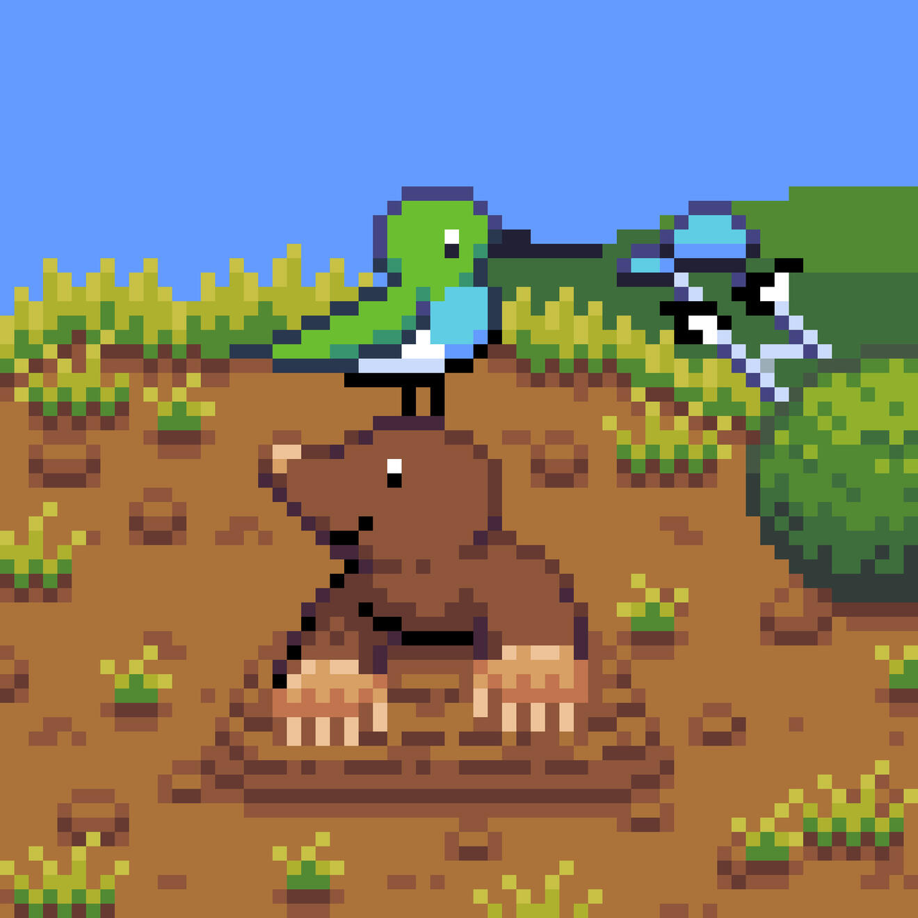 Pixel art of a green hummingbird sitting on the head of a mole popping out of a hole in the ground. Clippy wearing a blue cap is peeking out from behind a bush, angrily staring at the bird a mole. The terrain goes from dirt to grass.