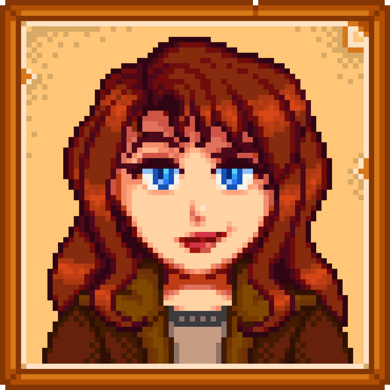 A pixel art Stardew Valley portrait of a smirking girl with long wavy brown hair and blue eyes. She's wearing a brown jacket and tan/brown shirt.
