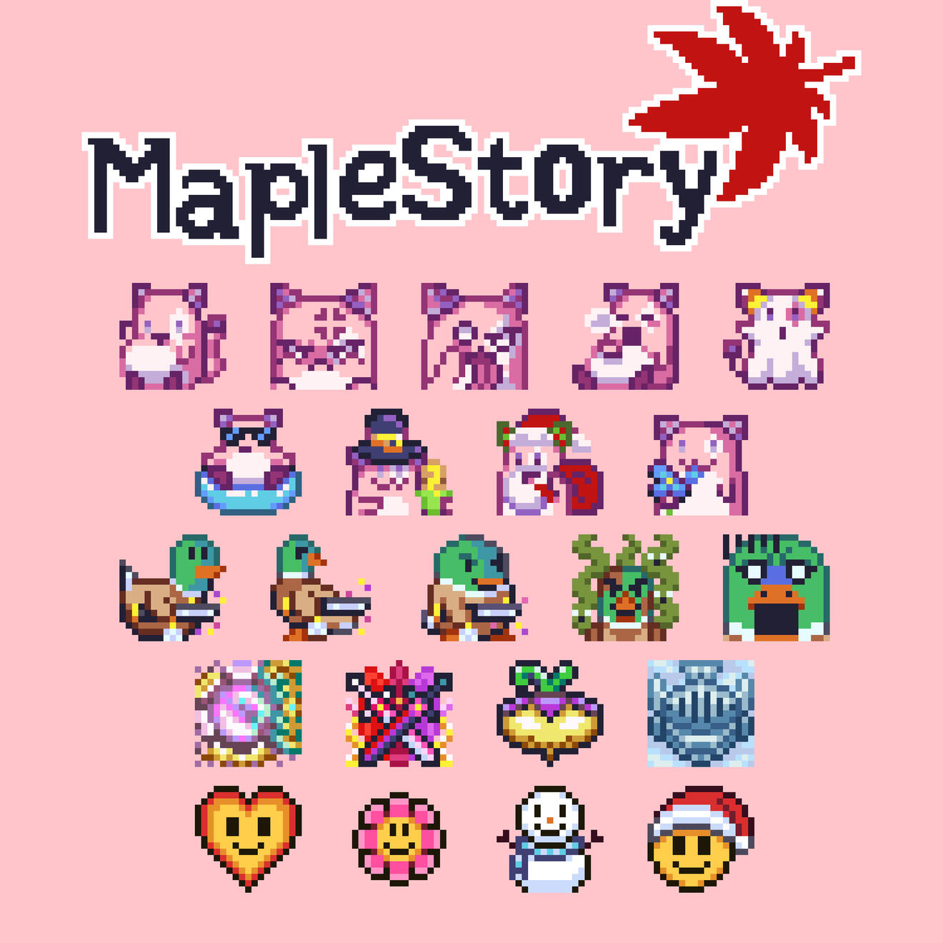 An array of pixel art MapleStory guild emblems, featuring the character Pink Bean expressing different emotions and dressed seasonally; a mallard duck in different poses with a sparkling sword, the duck being surprised, and the duck with stink waves; Maple
