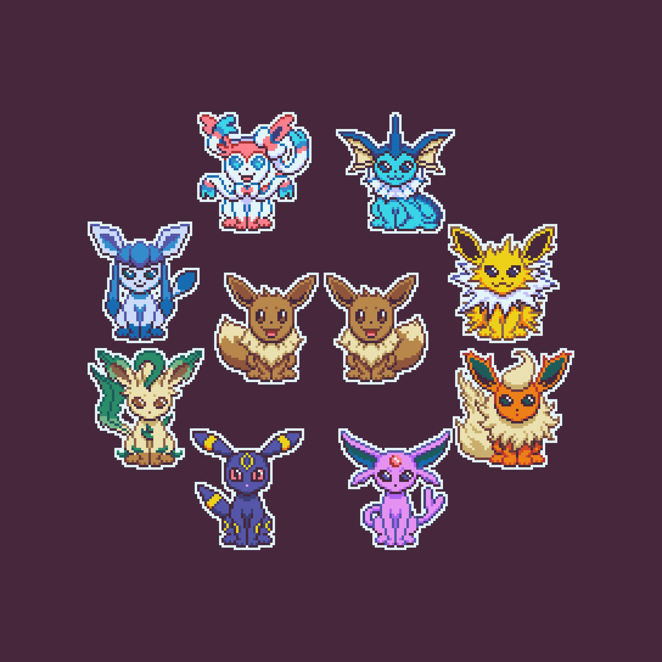 Forward facing, sitting pixel art sprites of Eevee and its evolutions, with the evolutions arranged in a circle around male and female Eevee. Starting at the top and going clockwise is Sylveon, Vaporeon, Jolteon, Flareon, Espeon, Umbreon, Leafeon, and Glac