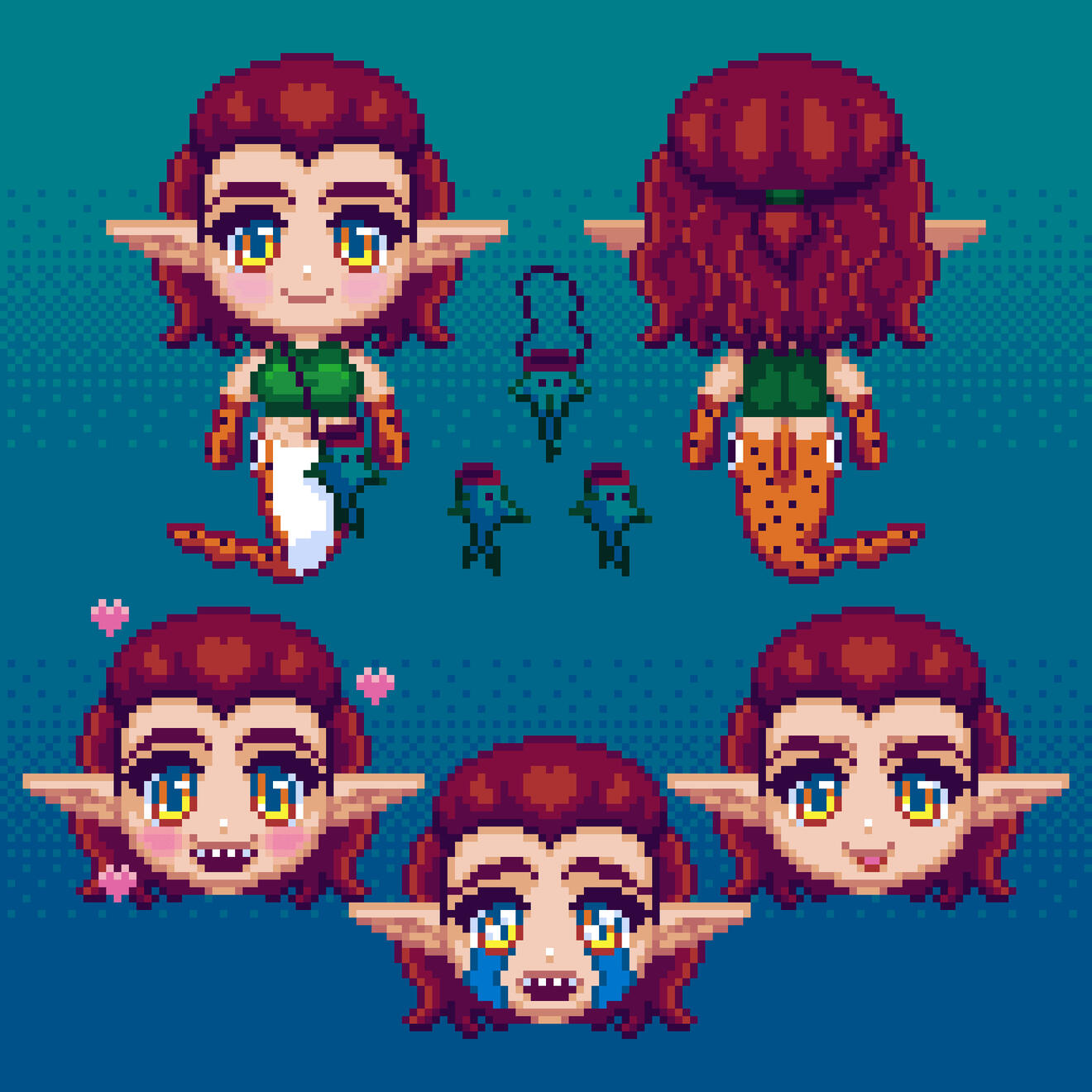 A chibi pixel art sprite of a mermaid. She has short red, curly hair, wears a green crop top and has a blue fish pouch. Her tail is orange and inspired by the epaulette shark.