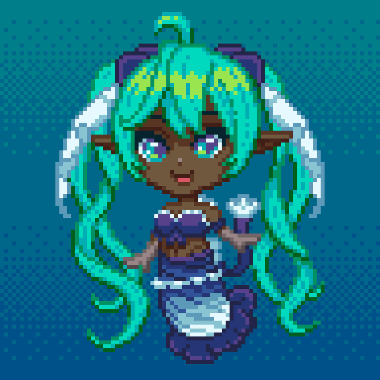 Pixel art chibi sprite of a mermaid wearing the Hatsune Miku mermaid outfit: purple crop top with white frills, a skirt that transitions from blue to white and ends with purple frills, and purple bows with white frills tie her hair into curly teal twin tai