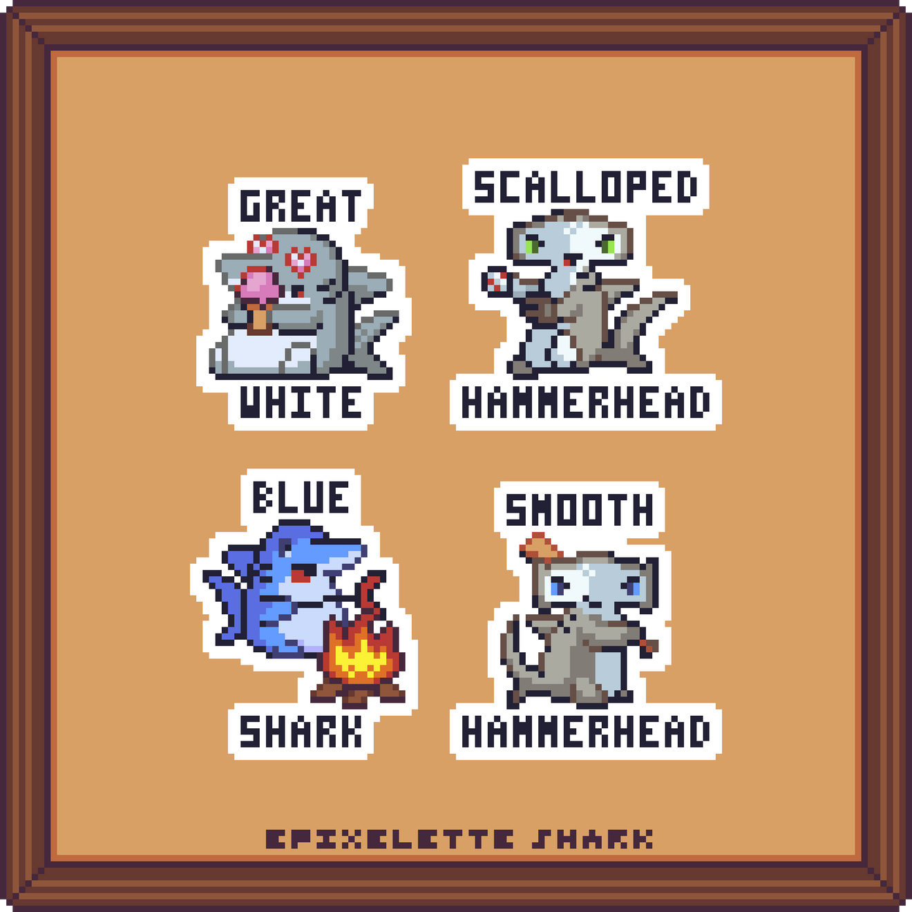Four pixel art sprites of landsharks, featuring: a great white with an ice cream cone, a blue shark roasting a weenie, a scalloped hammerhead pitching a baseball, and a smooth hammerhead with a baseball bat.