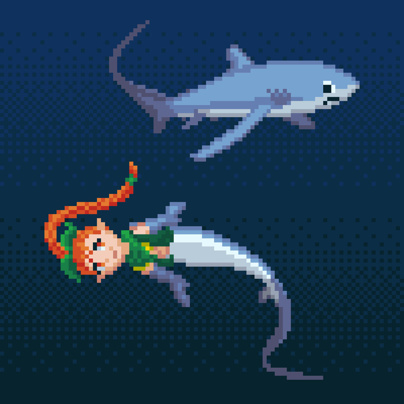 Pixel art image of a thresher shark swimming above a mermaid with a thresher shark tail. The mermaid has long orange hair in a braid, has a green bow in her hair, and wears a yellow top with a green handkerchief around her neck