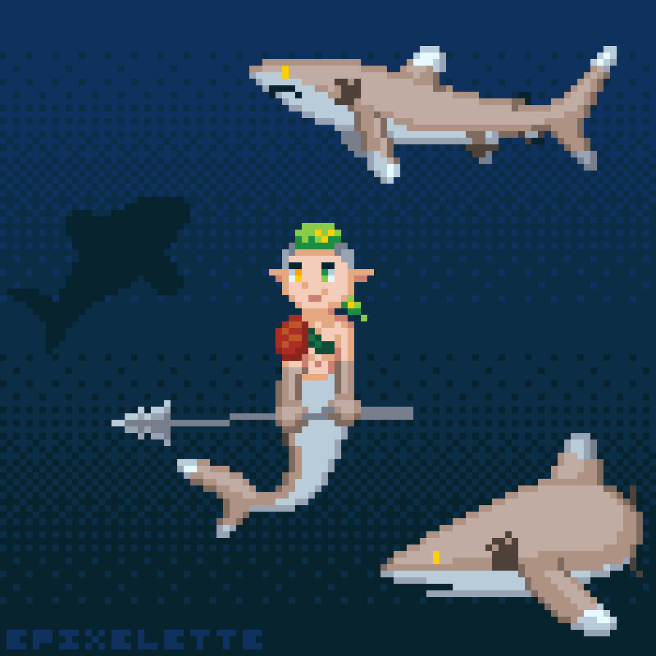 A pixel art image of three oceanic white tip sharks swimming around a merman with an oceanic white tip tail. He has short green hair in a viking braid and is holding a harpoon
