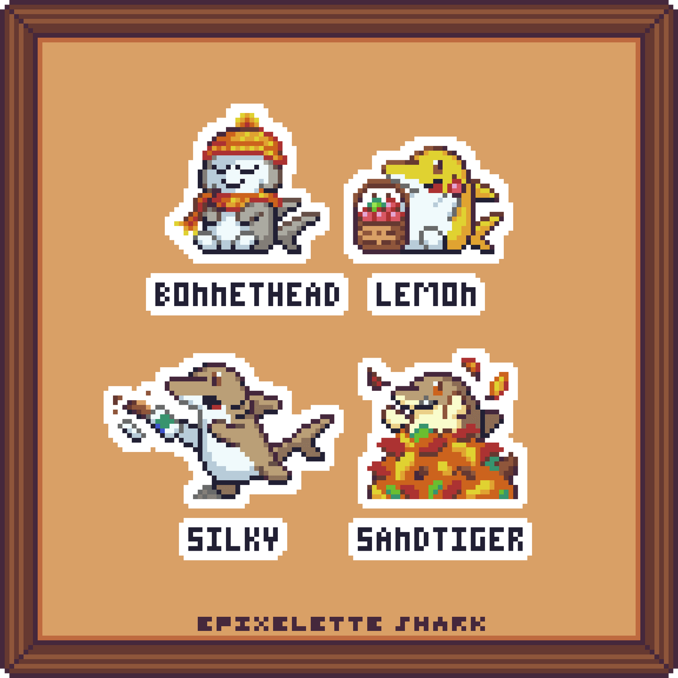 Four pixel art sprites of landsharks, featuring: a bonnethead wearing a scarf and hat napping, a lemon shark with a basket of apples, a silky shark spilling a pumpkin spice latte, and a sandtiger in a pile of leaves