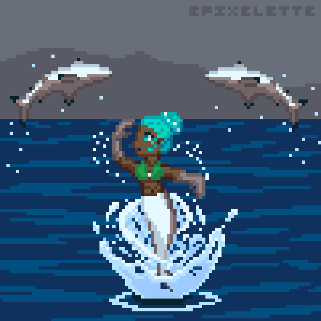 A pixel art image of a mermaid leaping out of the water and spinning like a ballerina. She has teal hair pulled up in a bun and wears a green crop top. Two spinner sharks and leaping and spinning in the background.