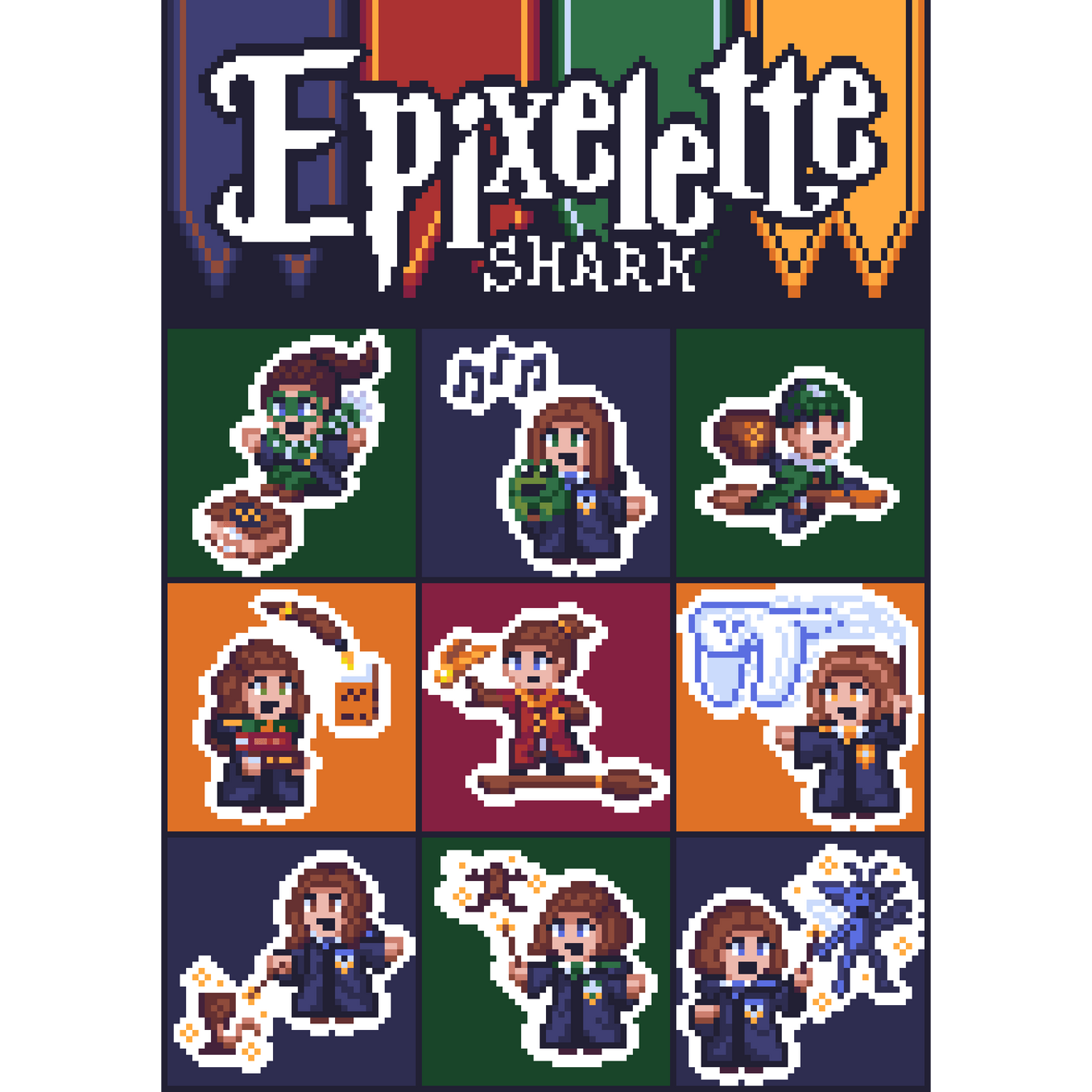 Pixel art sprites of various characters as witches and wizards in the Harry Potter universe