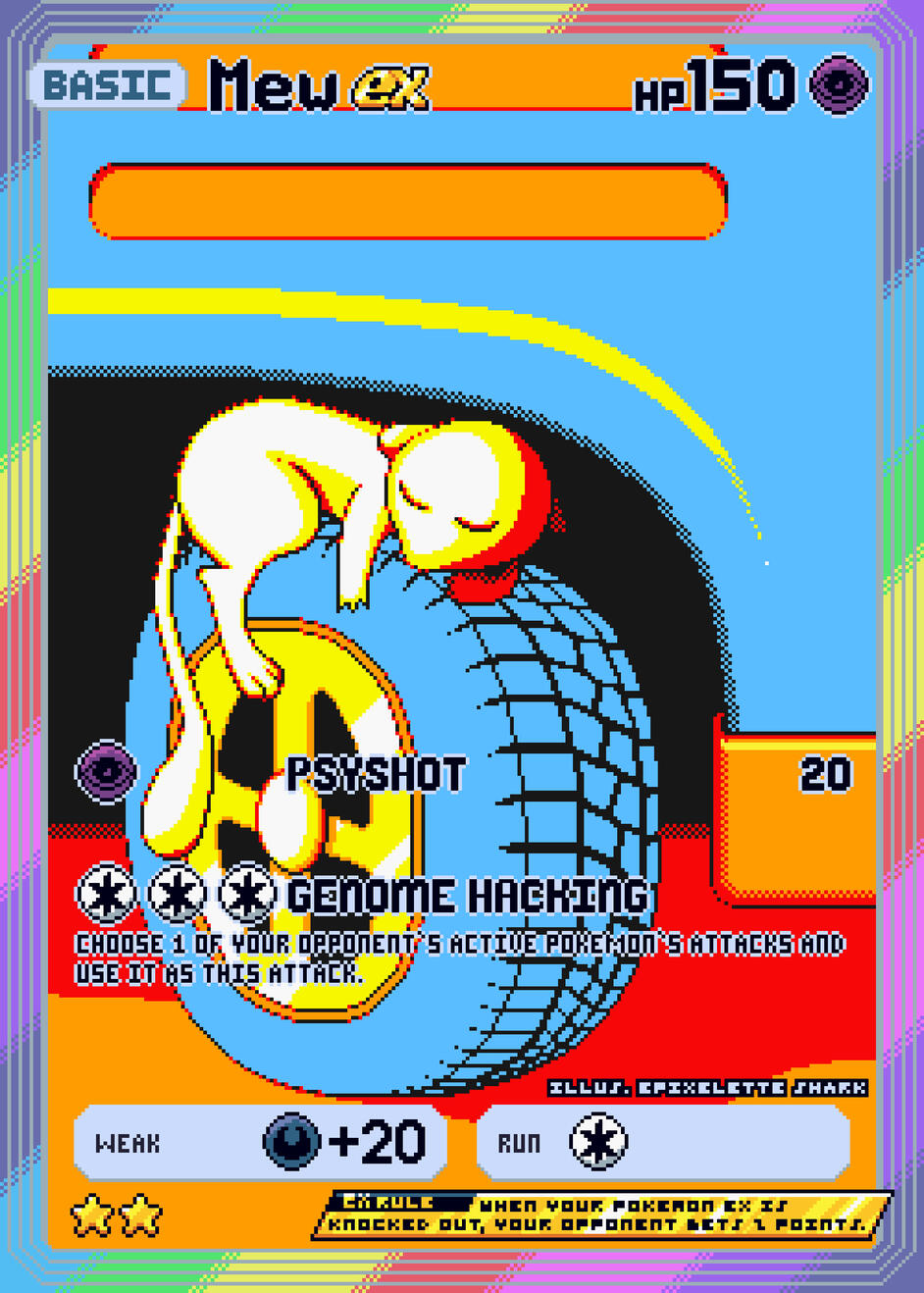 A pixel art custom Mew ex card from Pokemon Pocket featuring Mew sleeping on a truck tire. The palette used is from the original Pokemon Gameboy games.