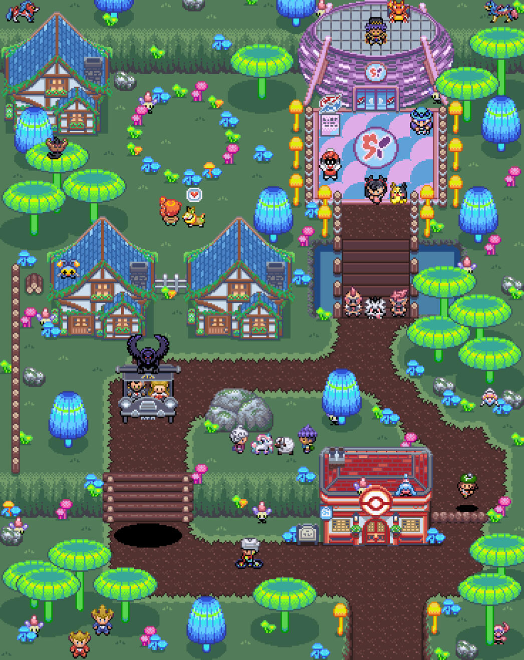 The fairy town Ballonlea from Pokemon Sword and Shield in the pixel art Pokemon Fire Red Leaf Green style. The town features a loop dirt path with the Pokecenter right at the start. Two houses are along the loop and opposite the Pokecenter is the gym. Brig
