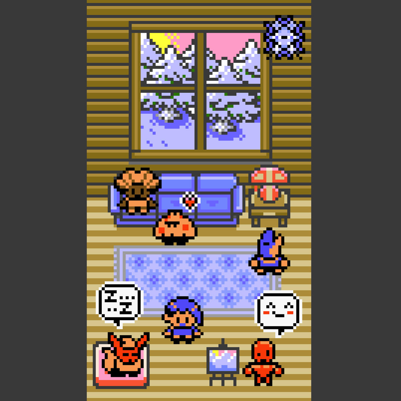 Original characters and pokemon sprites in the pixel art Pokemon Crystal style hanging out in a cozy log cabin. Outside are trees covered in snow.