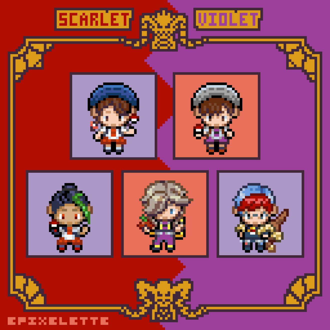 Pixel art sprites in the Pokemon Black and White style of Scarlet and Violet characters: Juliana, Florian, Nemona, Arven, and Penny