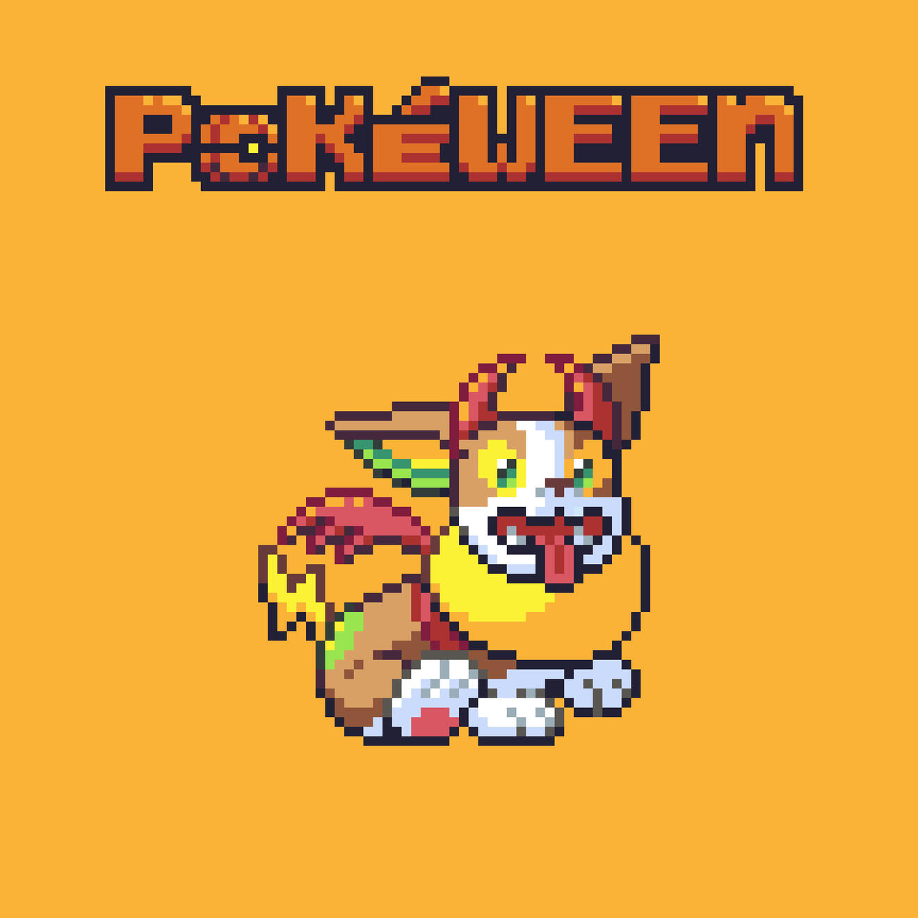 A pixel art sprite of the Pokemon Yamper wearing red devil wings and horns. Yamper is sitting on it's hind legs with one from leg up.
