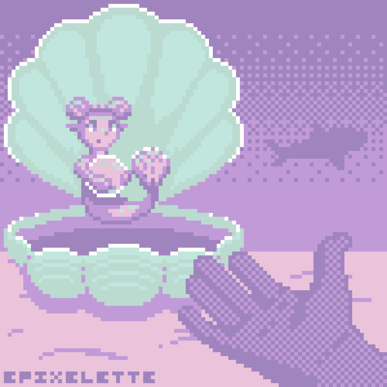 A pixel art image of a palm-sized mermaid clutching a pearl inside a clam. A large hand is outstretched as though it's asking for the pearl.