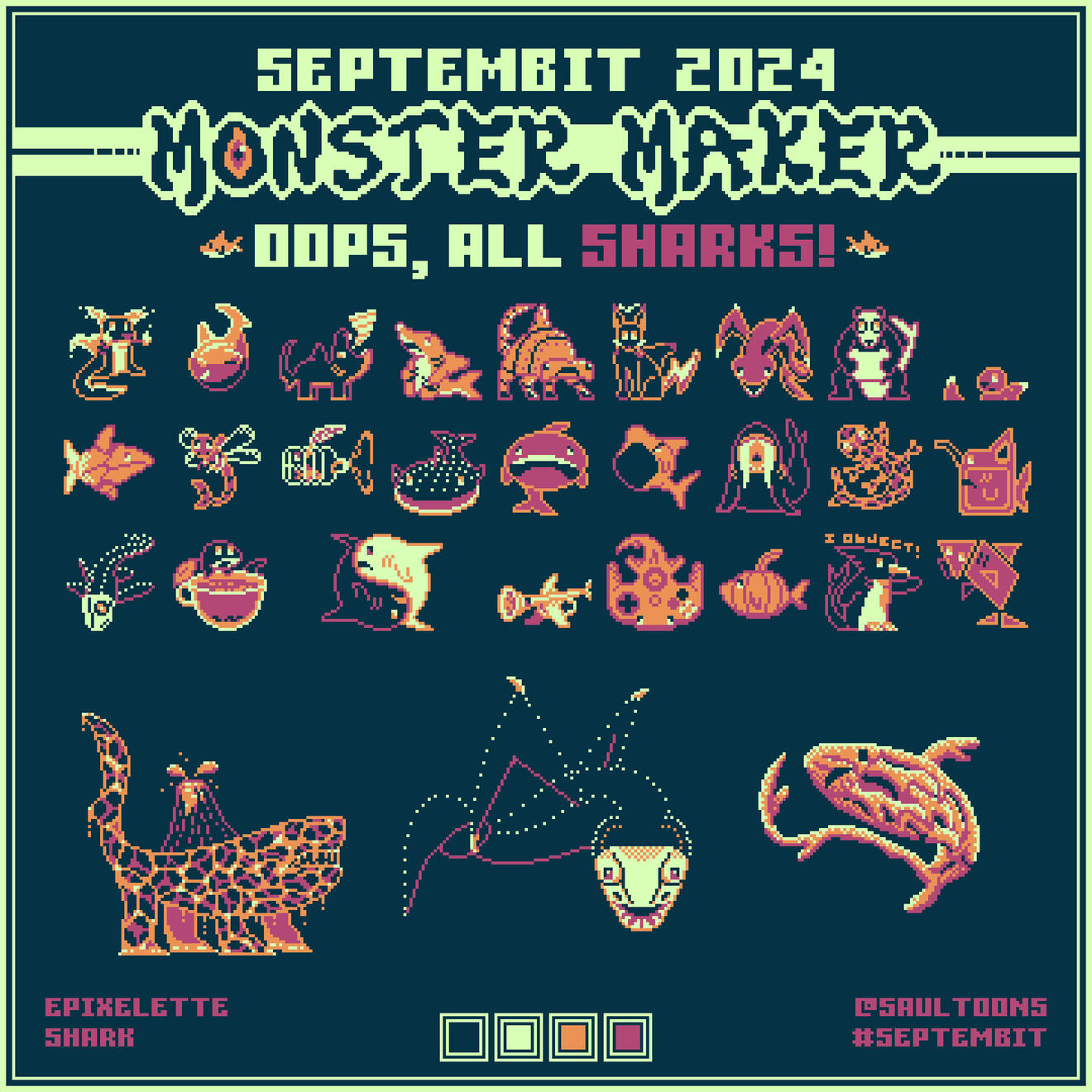 An array of daily Septembit submissions. Each submission incorporates "shark" into the theme. The four colors in use are a dark teal, light yellow/green, orange, and pink.