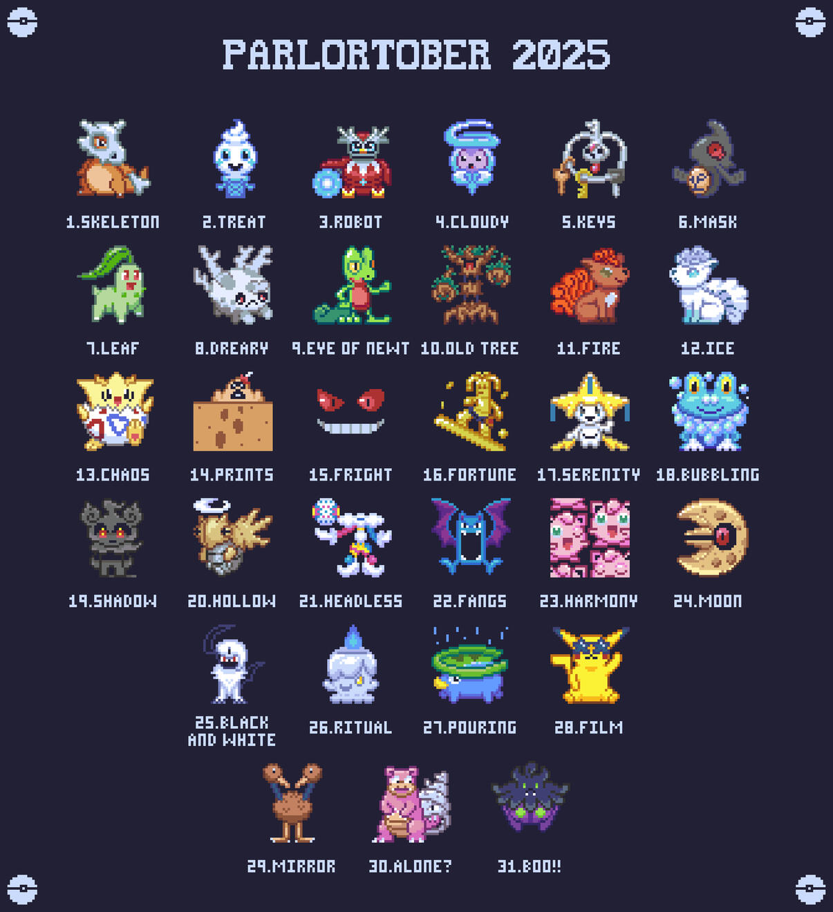 Pixel art sprites of Pokemon following each daily theme.