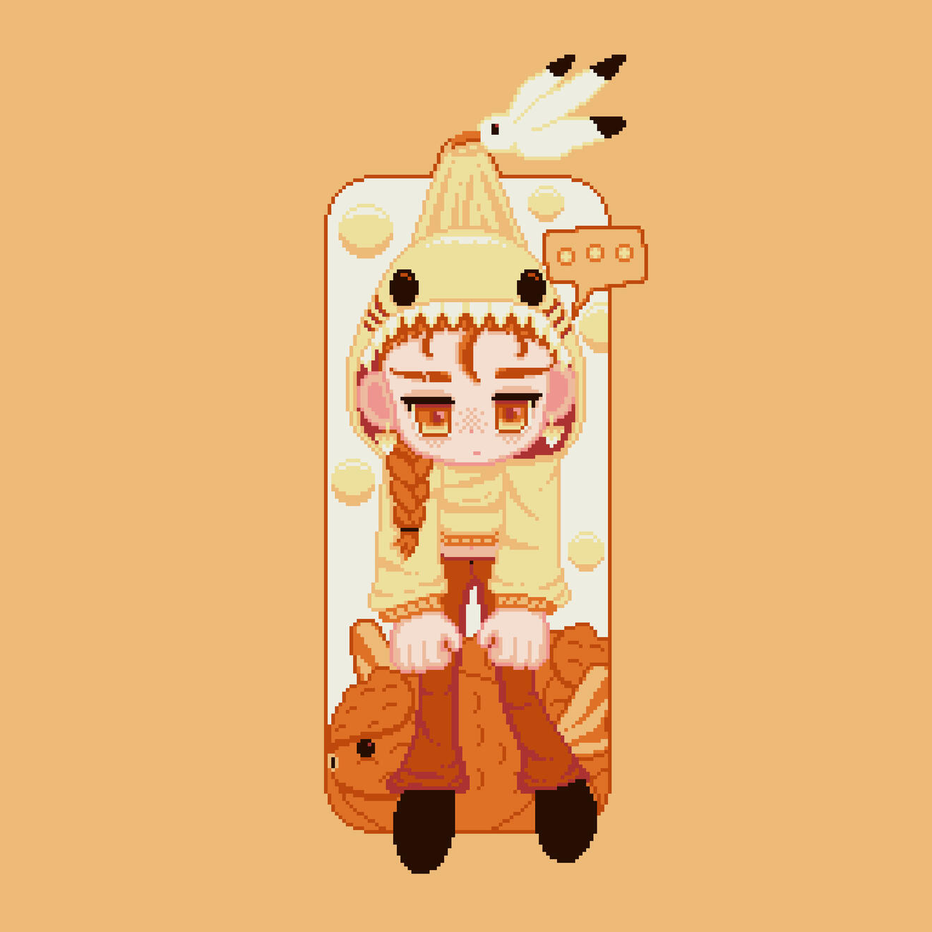 A pixel art image of a girl wearing a yellow shark hoodie being carried away by a seagull. The girl has a look of apathy as she looks down. She has orange braided hair and orange/yellow eyes.