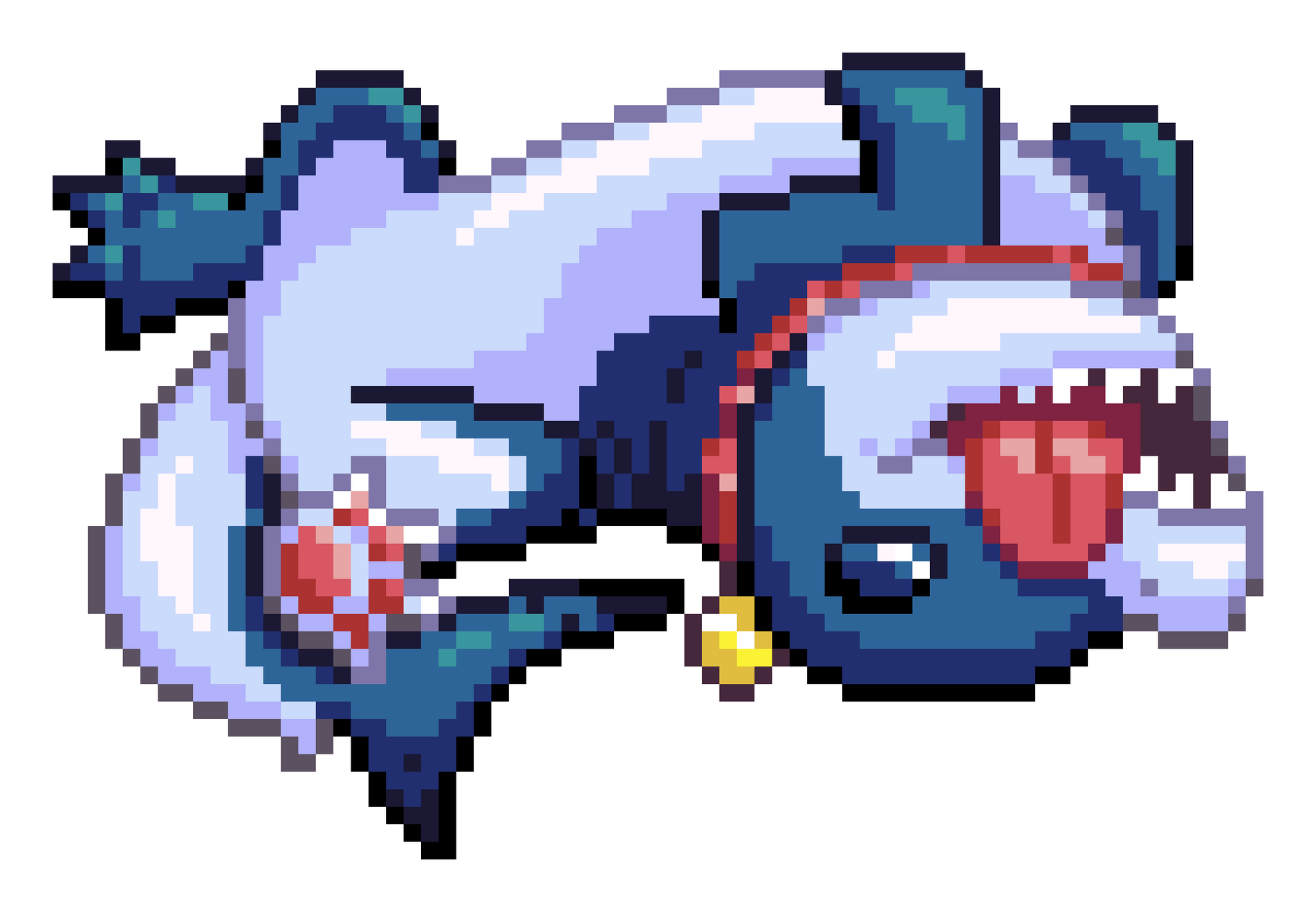 Pixel art sprite of Jeff the Landshark from Marvel Rivals rolling around on his back with his tongue hanging out.