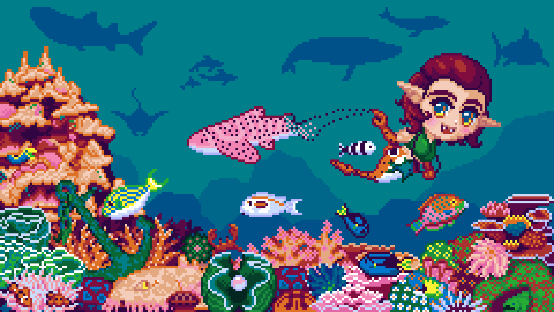 Pixel art scene of an epaulette shark mermaid swimming over a coral reef filled with different fish and corals