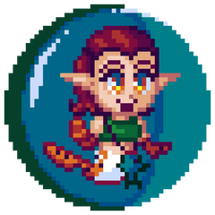 Pixel art: an epaulette shark mermaid with orange fins and short red hair.